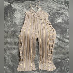 Dusty rose, pink, and yellow striped wide leg romper